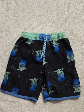 Star Wars Black Grogu Print Swim Shorts with Mint Waistband and Blue Trim